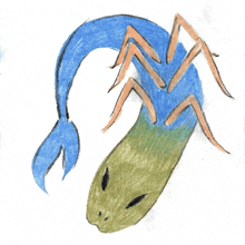 a drawing of a creature with a blue tail