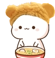 a cartoon character wearing a hat and holding a bowl of ramen