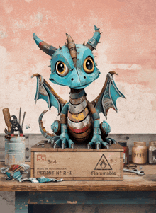 a toy dragon is sitting on top of a wooden box that says flammable on it