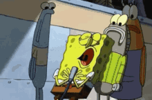 a cartoon character named spongebob is singing into a microphone while another character looks on .