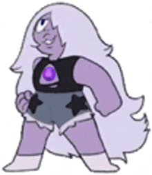 amethyst from steven universe is a cartoon character with long white hair and a purple stone in her chest .