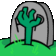 a cartoon drawing of a grave with a green zombie hand sticking out of it .