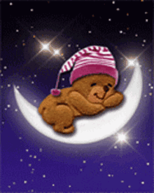 a teddy bear wearing a pink sleep cap is sleeping on a crescent moon