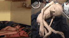 a picture of a woman laying on a bed next to a picture of a skeleton laying on a bed