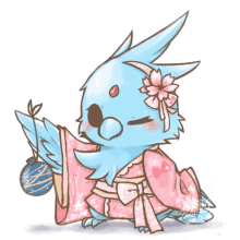 a drawing of a blue bird wearing a pink dress