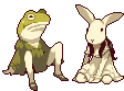 a pixel art frog and a rabbit are sitting next to each other .