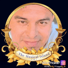 a picture of a man with the words " the musical island " above him