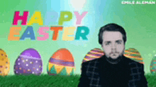 a man is standing in front of easter eggs with the words happy easter written in the background