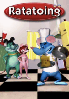 a poster for ratatoing shows three cartoon characters standing in a kitchen