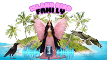 a woman in a pink dress stands in front of a microphone with the words island bird family written above her