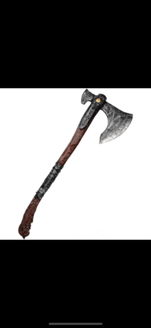 a large axe with a wooden handle and a metal blade on a white background .