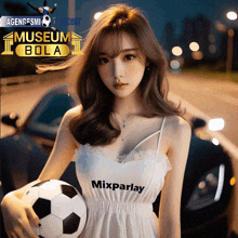 a woman in a white dress holds a soccer ball in front of a car that says museum bola