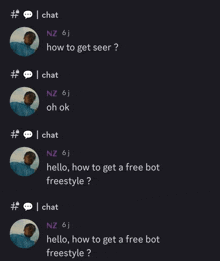 a screenshot of a chat with nz 6j asking how to get free bot freestyle