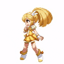 a pixel art illustration of a girl in a yellow dress and ponytail .