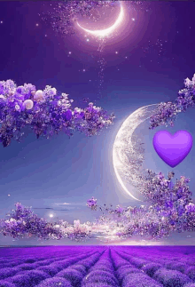 a purple heart is floating in the air in front of a purple field with a crescent moon in the background