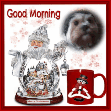 a christmas greeting card with a santa figurine and a red mug