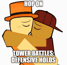 a couple of cartoon characters hugging with the words hop on tower battles defensive holds