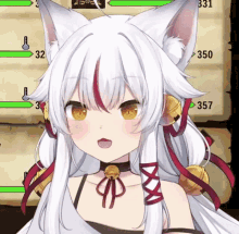 a girl with white hair and cat ears is wearing a bell around her neck