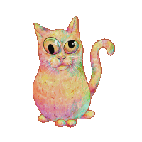 a drawing of a cat with big eyes and a pink tail