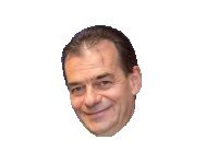 a close up of a man 's face with a white background behind him