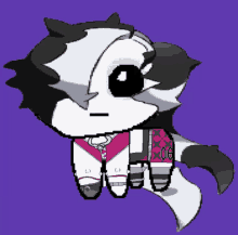 a pixel art drawing of a cartoon character with a purple background