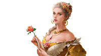 a woman in a yellow dress is holding a rose in her hand