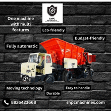 an advertisement for snpc machines features a dump truck