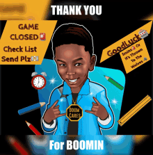 a cartoon of a boy with a boom cares necklace around his neck