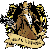 a cowboy holding a gun in front of a horseshoe with the word unforgiven on a banner