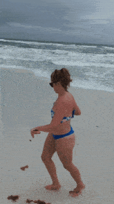 a woman in a bikini walking on a beach