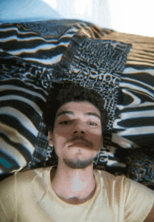 a man laying on a bed with a zebra print pillow