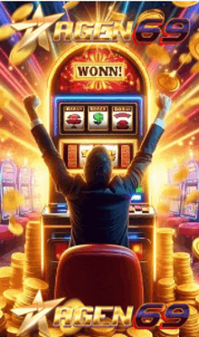 a man is sitting in front of a slot machine with his arms raised in the air .