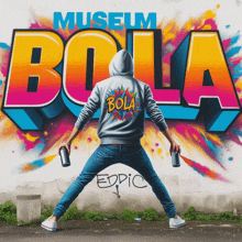 a man in a hoodie stands in front of a wall that says museum bola on it