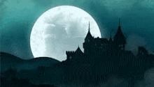 a castle silhouetted against a full moon with a castle in the foreground .