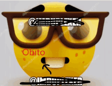 a yellow smiley face wearing glasses with the word obito written on it