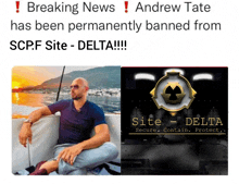 a picture of a man on a boat next to a delta logo