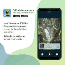 an advertisement for a gps video camera shows a picture of a forest