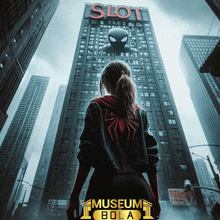 a woman in a spiderman costume stands in front of a building that has the word slot on it