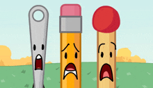 a cartoon drawing of a pair of scissors a pencil and a match with sad faces