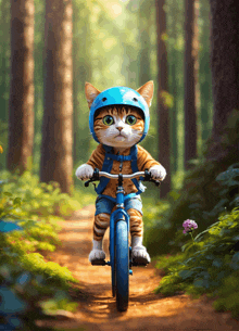 a cat wearing a blue helmet is riding a bike on a trail