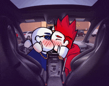 two cartoon characters kissing in a car with a walmart sign in the background