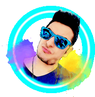 a drawing of a man wearing sunglasses and a blue circle