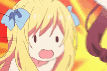 a cartoon girl with blonde hair and a blue bow on her head is making a surprised face .