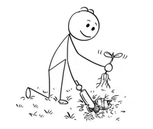 a stick figure with a prosthetic leg is digging in the ground with a shovel .