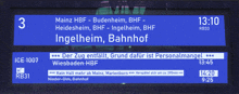 a blue sign that says mainz hbf budenheim bhf heidesheim bhf ingelheim bahnhof