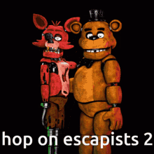 a poster for five nights at freddy 's 2 shows foxy and fredbear standing next to each other