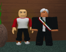 two roblox characters standing next to each other with one wearing a mexican sash