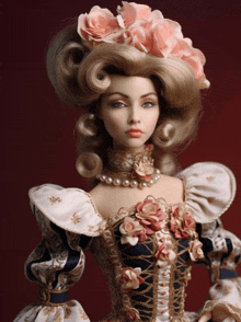 a doll is wearing a dress with flowers and pearls