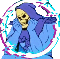 a cartoon drawing of a skeletor with a purple hood on