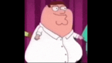 peter griffin from family guy is standing in front of a purple curtain and pointing at something .